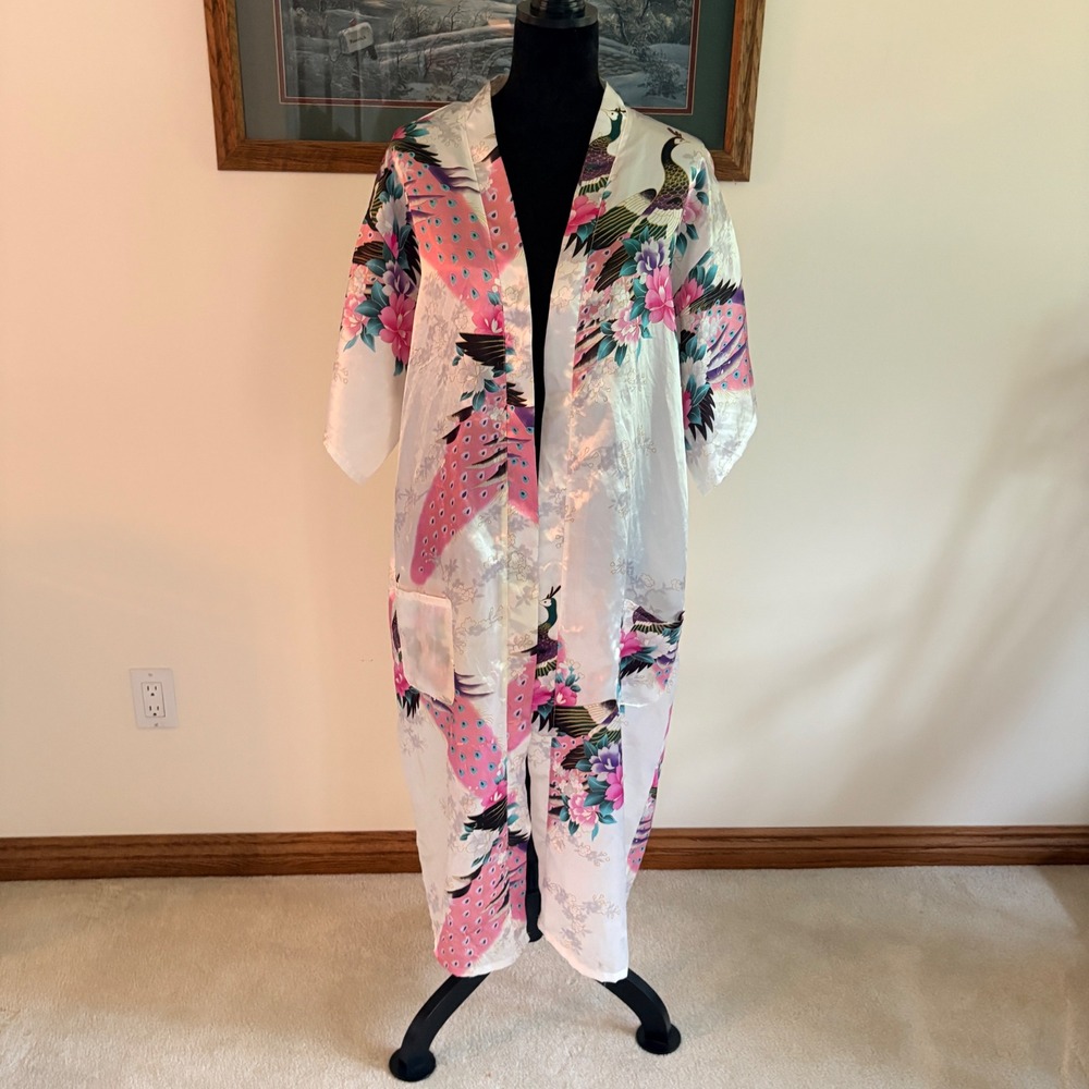 Vicabo Peacock Floral Satin Kimono Robe Womens XXL White Pink Silky Lounge Wear